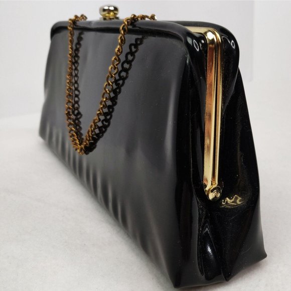 Vintage 1960s MCM Patent Leather Clutch Purse Handbag Gold Clasp Chain & Lining - Picture 1 of 6